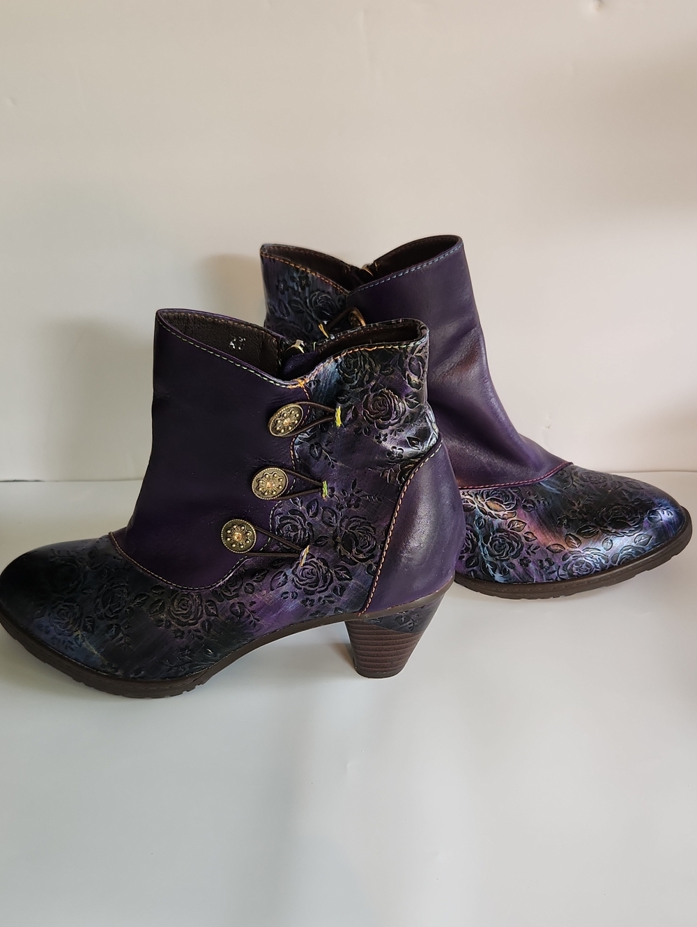 Purple Floral Embossed Ankle Boots - Women's Stylish Heeled Booties